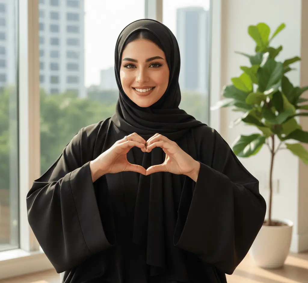 A woman making a heart shape with her hands