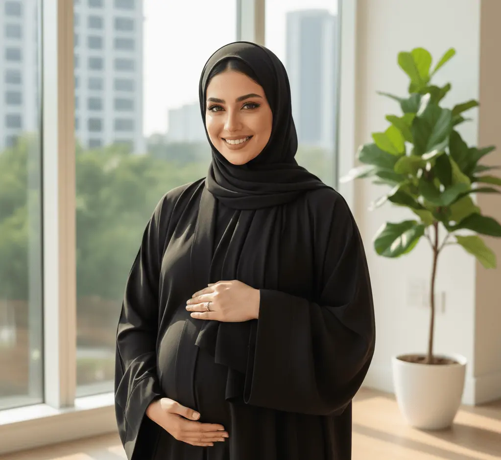 A pregnant woman making a heart shape with her hands, on her belly